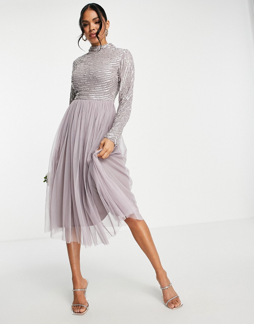 Beauut Bridesmaid embellished midi dress in silver and pink-Multi