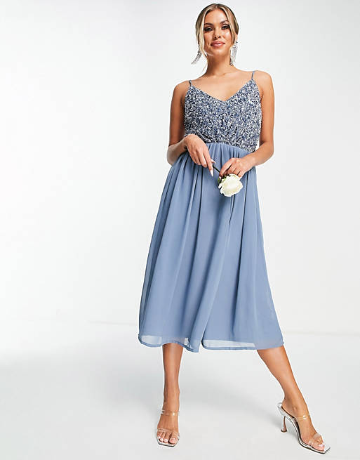 Beauut Bridesmaid embellished midi dress with tulle skirt in blue 