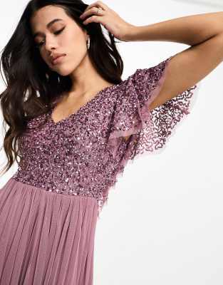 Beauut Bridesmaid embellished mini dress with flutter detail in mauve purple