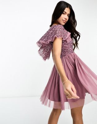 Beauut Bridesmaid embellished mini dress with flutter detail in mauve purple