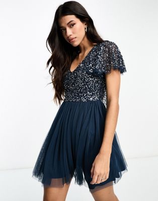 Beauut Bridesmaid embellished mini dress with flutter detail in navy - ASOS Price Checker
