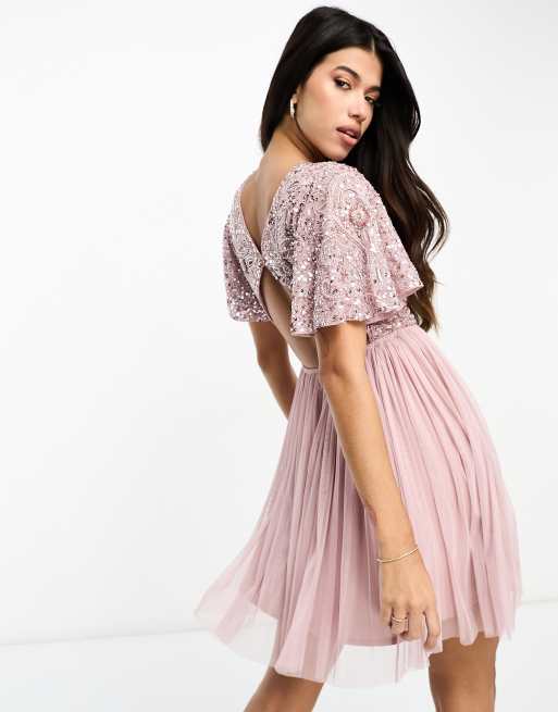 Beauut Bridesmaid embellished mini dress with open back detail in frosted pink