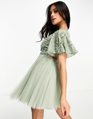 Beauut Bridesmaid embellished mini dress with open back detail in Sage Green - ASOS Price Checker