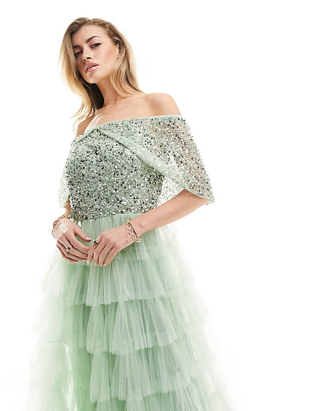 Beauut - bridesmaid embellished off shoulder tiered maxi dress in sage green