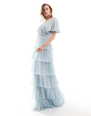 Beauut Beauut Bridesmaid embellished tiered maxi dress in blue