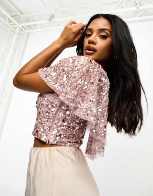 Beauut Bridesmaid embellished top with flutter back in frosted pink