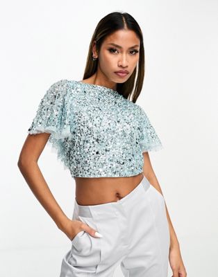 Beauut Bridesmaid embellished top with flutter back in ice blue - ASOS Price Checker