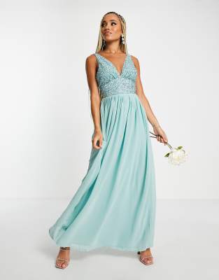 Beauut Bridesmaid embellished V neck maxi dress in aqua sage  - ASOS Price Checker