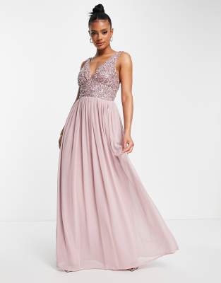 Beauut Bridesmaid Embellished V Neck Maxi Dress In Frosted Pink