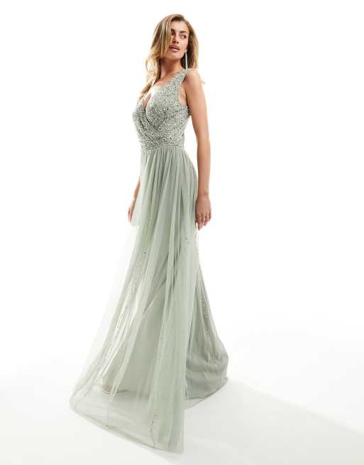 Beauut Bridesmaid embellished v neck maxi dress in sage green ASOS