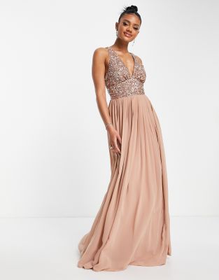 Beauut Bridesmaid embellished V neck maxi dress in taupe - ASOS Price Checker