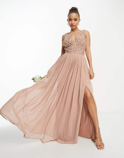 Beauut Bridesmaid embellished v neck maxi dress in taupe