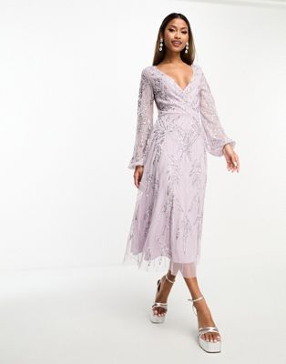 BEAUUT BRIDESMAID EMBELLISHED WRAP FRONT MIDI DRESS IN LILAC-PURPLE