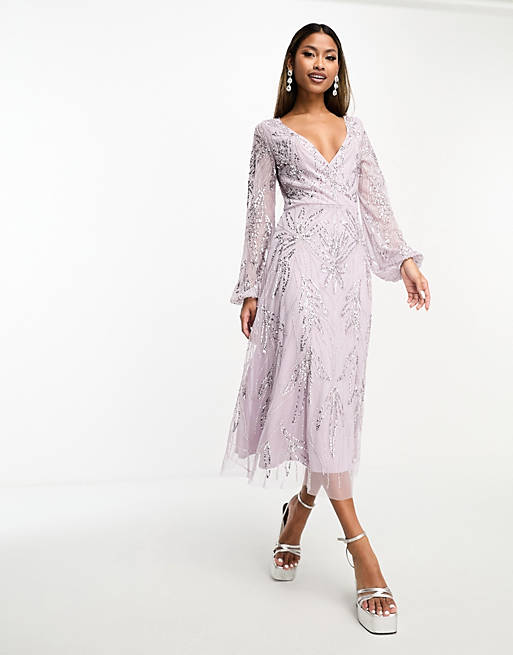 Beauut Bridesmaid embellished wrap front midi dress in lilac | ASOS