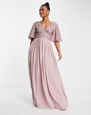 Beauut Bridesmaid emellished bodice maxi dress with flutter sleeve in frosted pink