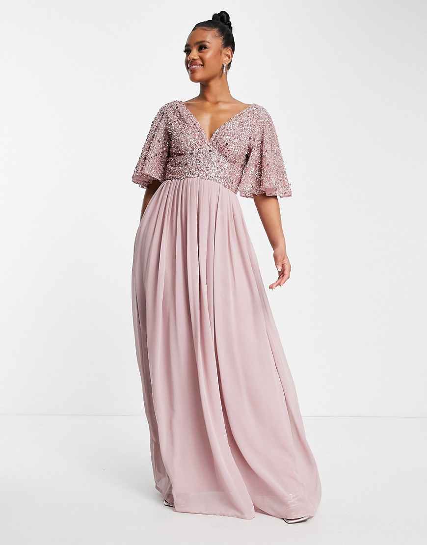 Beauut Bridesmaid emellished bodice maxi dress with flutter sleeve in frosted pink