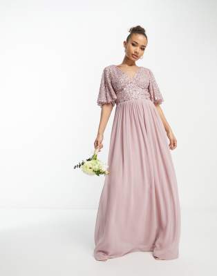 Beauut Bridesmaid Emellished Bodice Maxi Dress With Flutter Sleeve In Frosted Pink