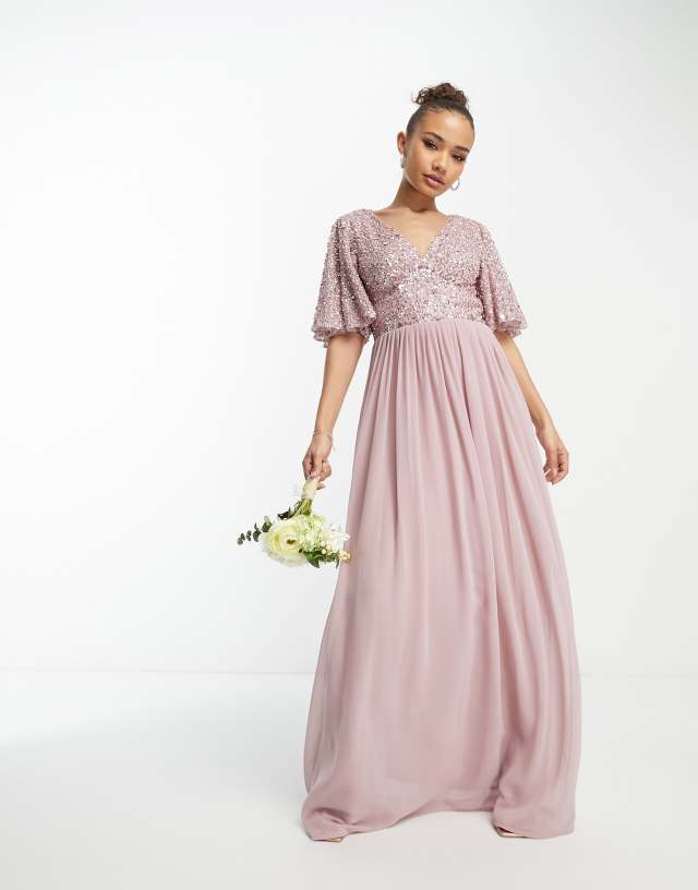 Beauut Bridesmaid emellished bodice maxi dress with flutter sleeve in frosted pink