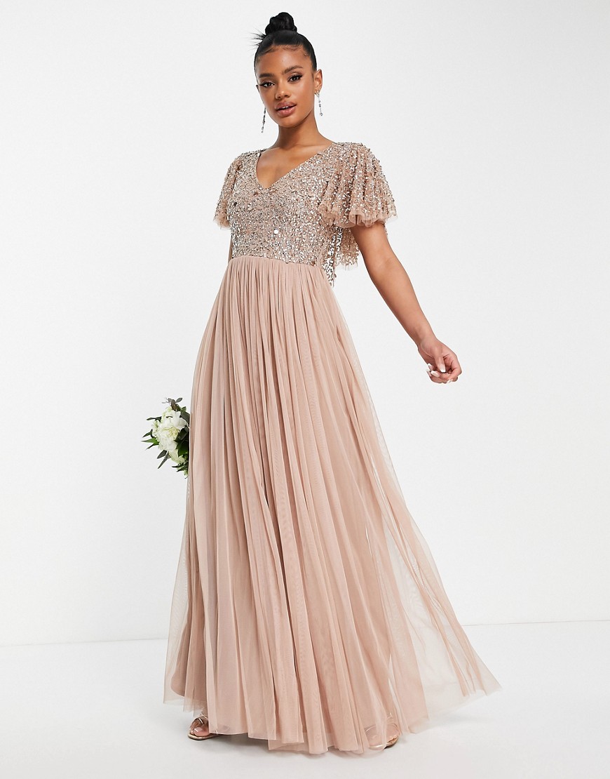 Beauut Bridesmaid emellished bodice maxi dress with flutter sleeve in taupe-Neutral