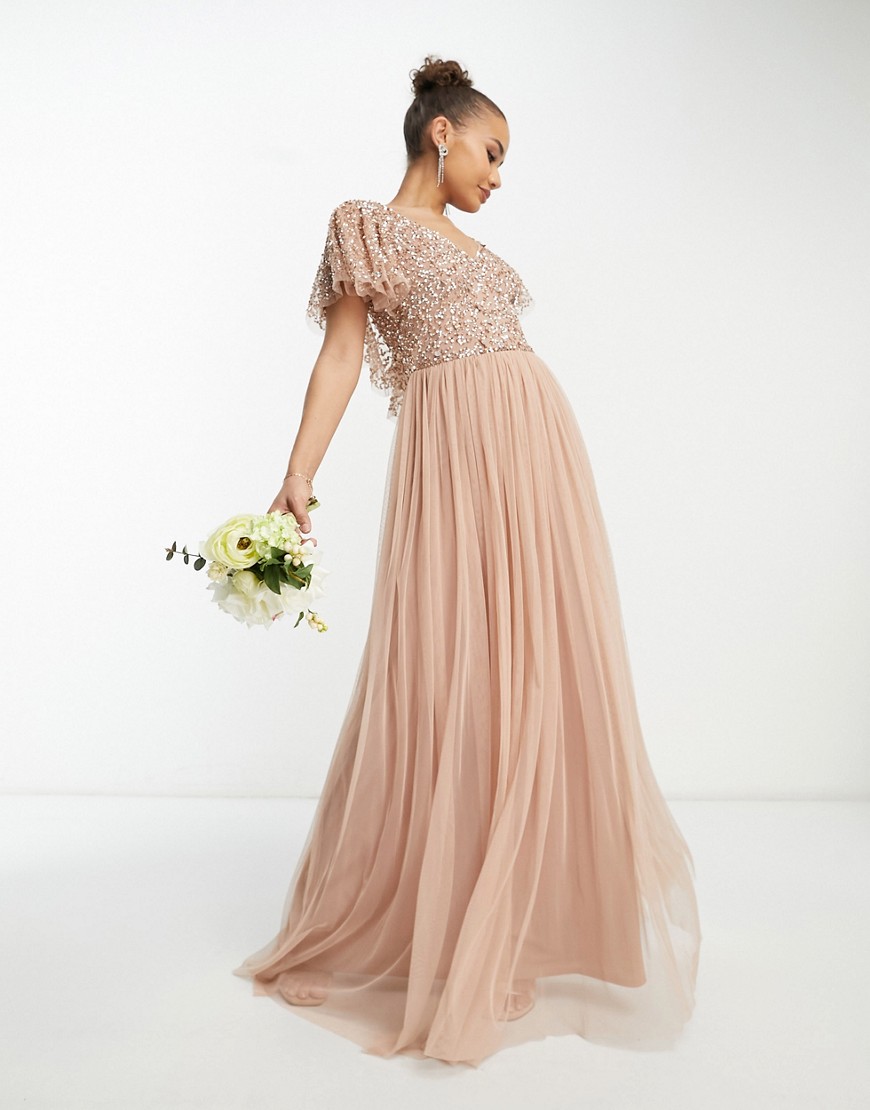 Shop Beauut Bridesmaid Emellished Bodice Maxi Dress With Flutter Sleeve In Taupe-neutral