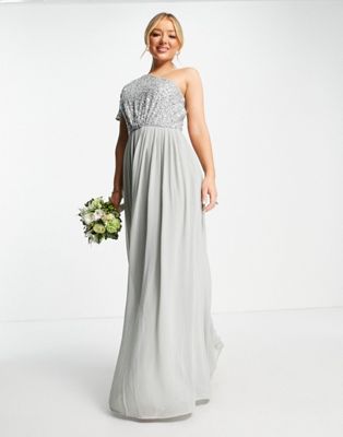 Beauut Bridesmaid emellished bodice one shoulder maxi dress in grey