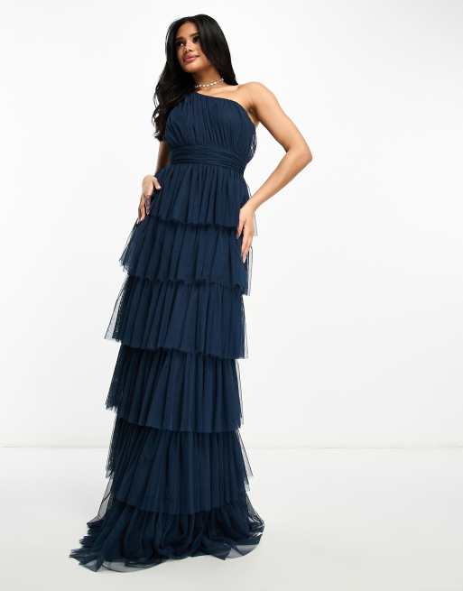 Beauut – Bridesmaid – Gestuftes Maxi-Brautjungfernkleid in Marineblau mit One-Shoulder-Träger, 3 von 4