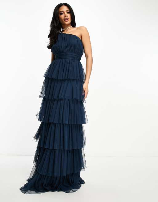 Beauut – Bridesmaid – Gestuftes Maxi-Brautjungfernkleid in Marineblau mit One-Shoulder-Träger, 4 von 4