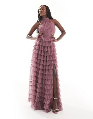 Beauut Bridesmaid high neck maxi dress with ruffle skirt and open back in rose