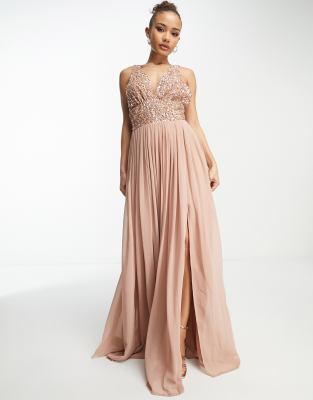 Beauut - Bridesmaid - Langes, verziertes Brautjungfernkleid in Taupe mit V-Ausschnitt-Neutral