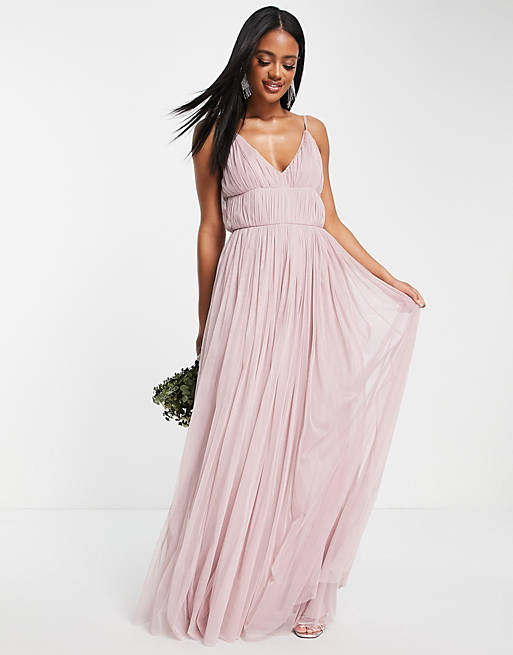 Beauut Bridesmaid layered tulle maxi dress in frosted pink | ASOS