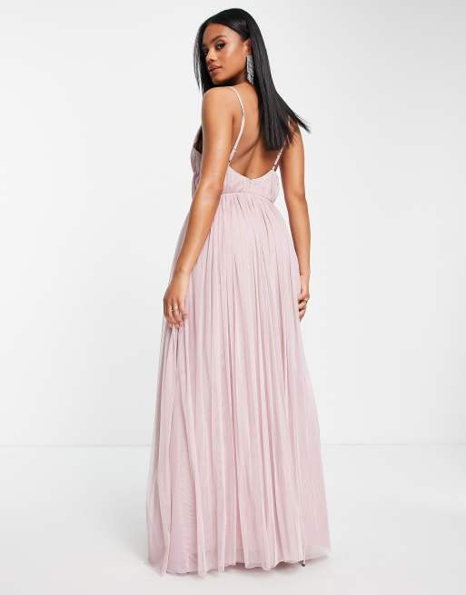 Bridesmaid pink pleated mesh maxi dress hotsell