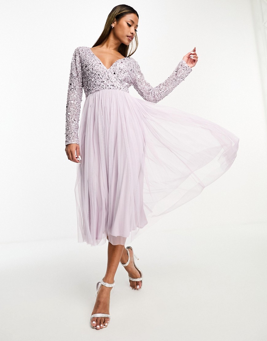 Bridesmaid long sleeve embellished midi dress in lilac-Purple