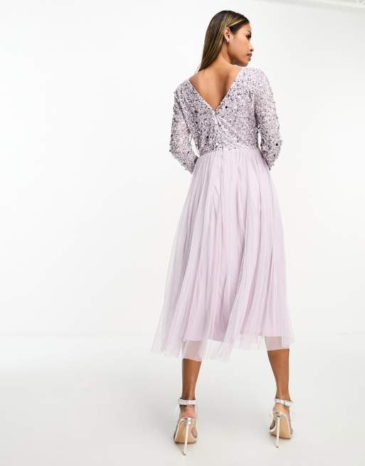 Beauut Bridesmaid long sleeve embellished midi dress in lilac, 2 of 4