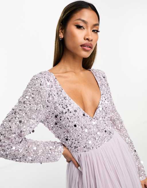 Beauut Bridesmaid long sleeve embellished midi dress in lilac, 3 of 4
