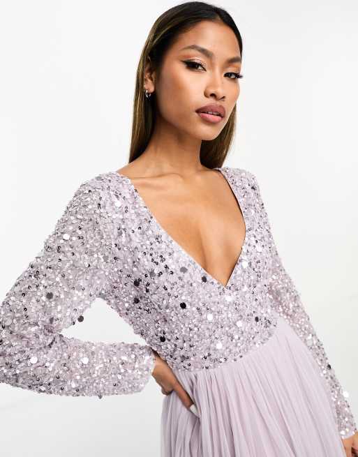 Beauut Bridesmaid long sleeve embellished midi dress in lilac ASOS