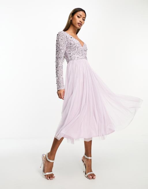 Beauut Bridesmaid long sleeve embellished midi dress in lilac, 4 of 4