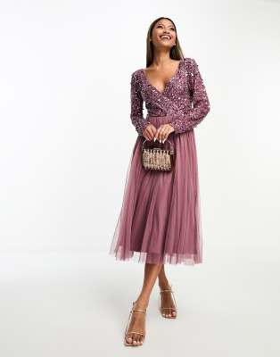 Beauut Beauut Bridesmaid long sleeve embellished midi dress in mauve-Pink