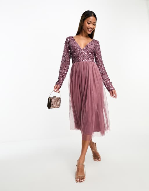 Beauut Bridesmaid long sleeve embellished midi dress in mauve ASOS