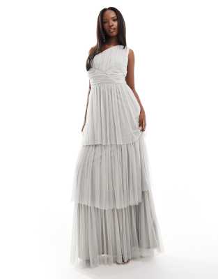 Bridesmaid one shoulder tiered maxi dress in gray