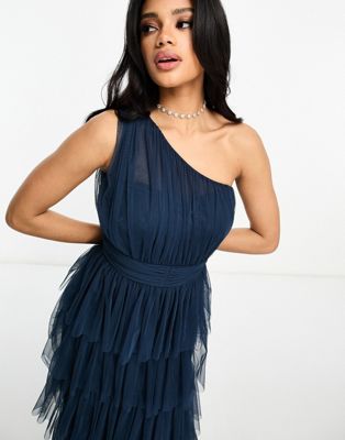 Beauut Bridesmaid one shoulder tiered maxi dress in navy - ASOS Price Checker