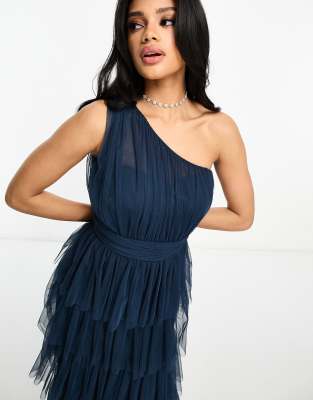 Beauut Bridesmaid One Shoulder Tiered Maxi Dress In Navy