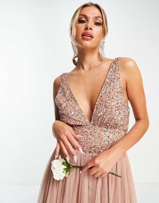 sequin tulle bridesmaid dress V-Neck Sequin & Tulle Maxi Bridesmaid Dress