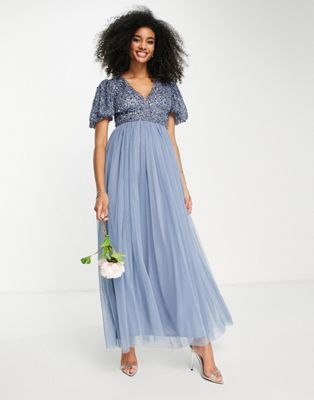 Beauut Bridesmaid sequin embellished maxi dress with tulle skirt in dark blue