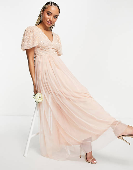 Beauut Bridesmaid sequin embellished maxi dress with tulle skirt in pink 