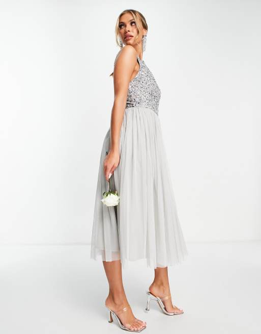 Beauut Bridesmaid sequin embellished midi dress with tulle skirt in light grey , 3 of 4