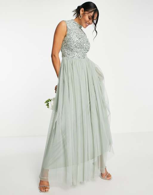 Beauut Bridesmaid – Szarozielona tiulowa sukienka maxi 2 w 1 z pełną spódnicą i zdobieniami 