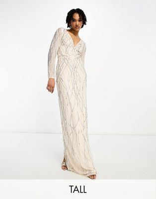 Beauut Bridesmaid Tall Allover Embellished Maxi Dress In Champagne-neutral