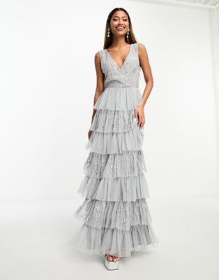 Beauut Bridesmaid tiered midaxi dress with embroidery in light grey - ASOS Price Checker