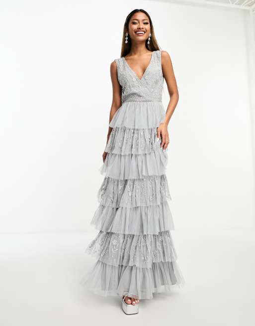 Beauut Bridesmaid tiered midaxi dress with embroidery in light grey