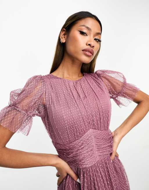 mauve tulle bridesmaid dresses A-Line Floor Length Off Shoulder Lilac Bridesmaid Dress COCOMELODY CB0616